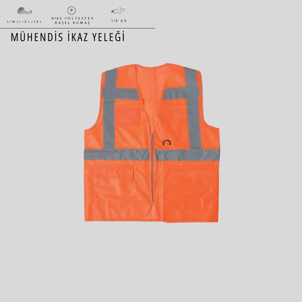 Mühendis İkaz Yeleği — Fermuarlı, Çoklu Cep, Reflektif