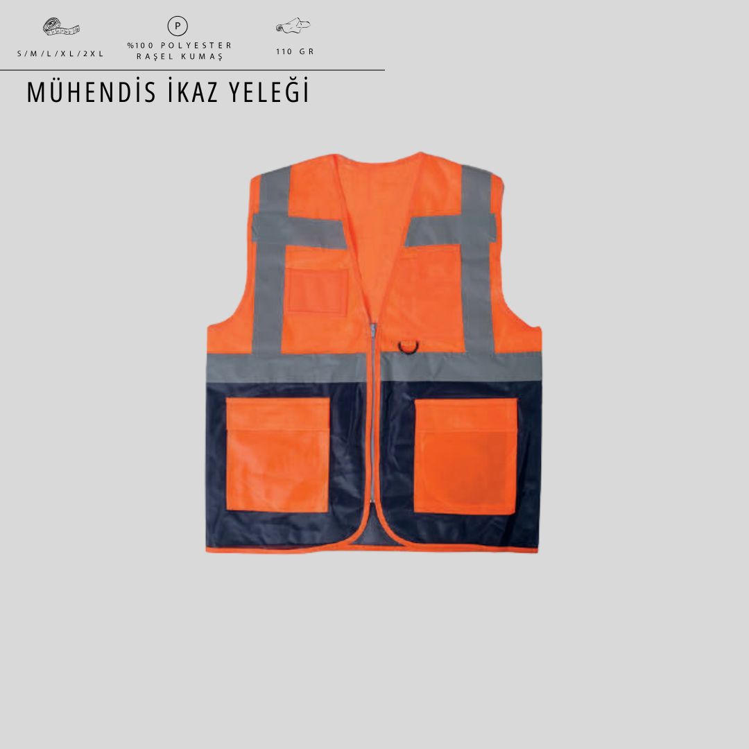 Mühendis İkaz Yeleği — Fermuarlı, Çoklu Cep, Reflektif "SS"