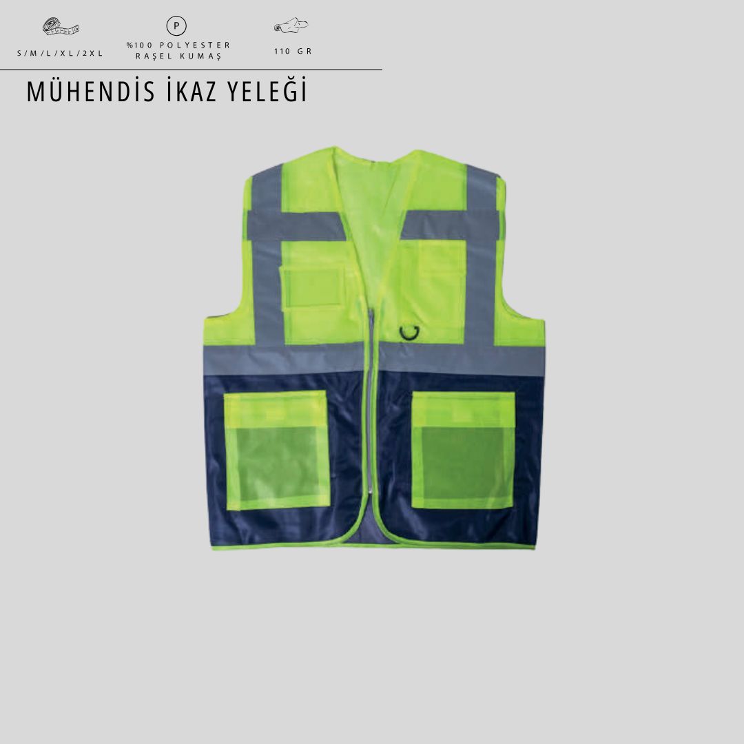 Mühendis İkaz Yeleği — Fermuarlı, Çoklu Cep, Reflektif "SS"